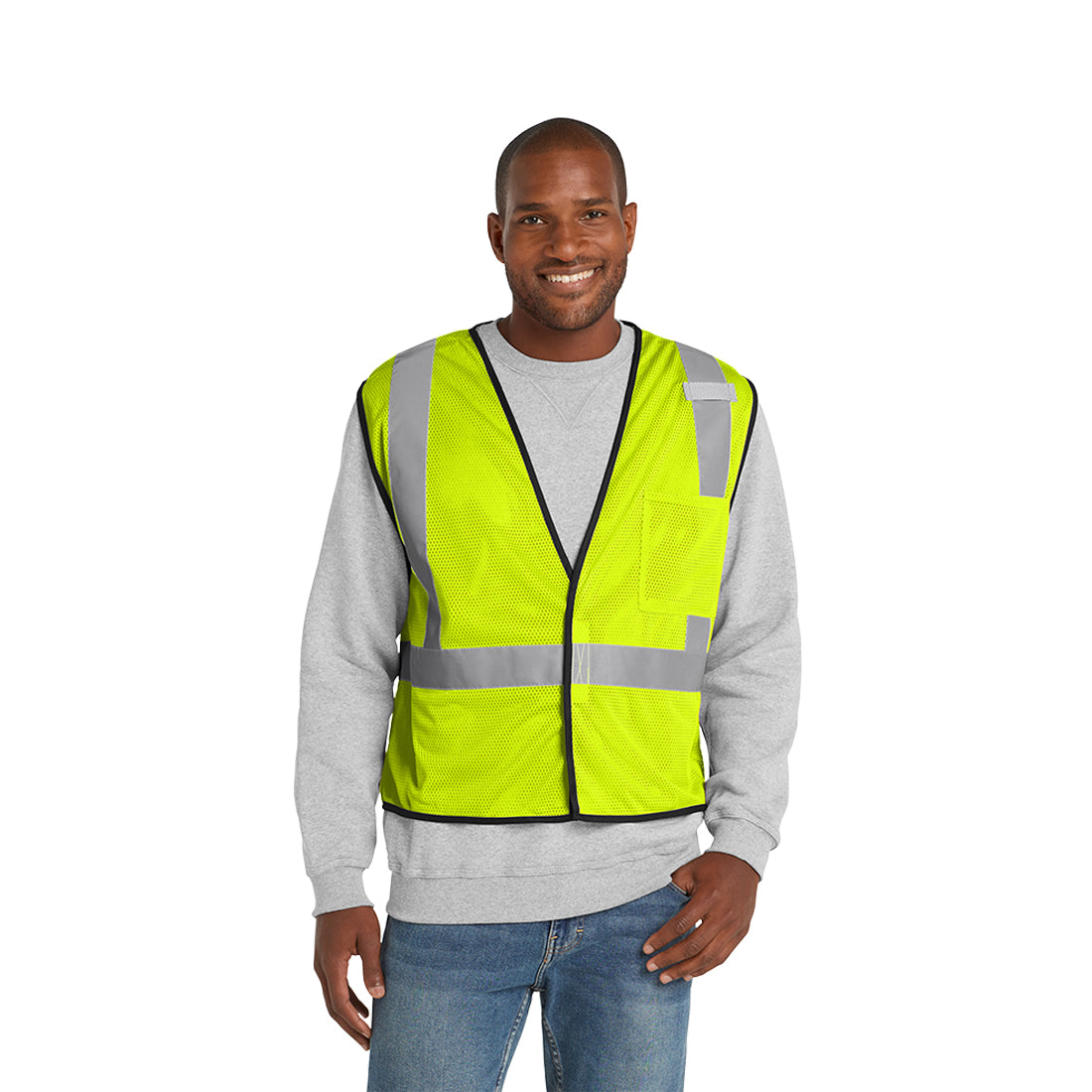 Man wearing a bright yellow safety vest on a white background