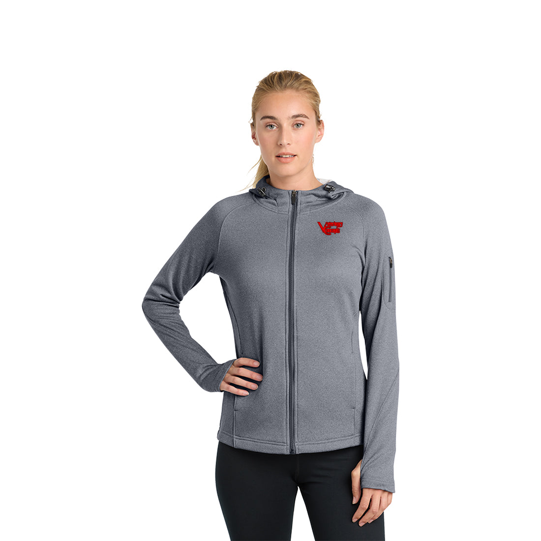 Woman wearing a gray jacket with a logo on a white background