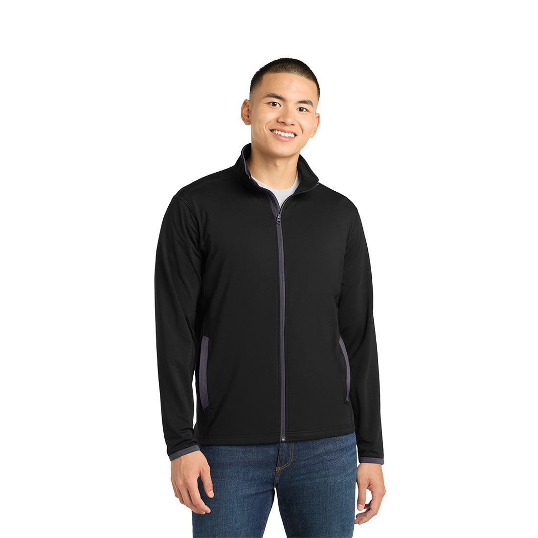 Man wearing a black jacket on a white background