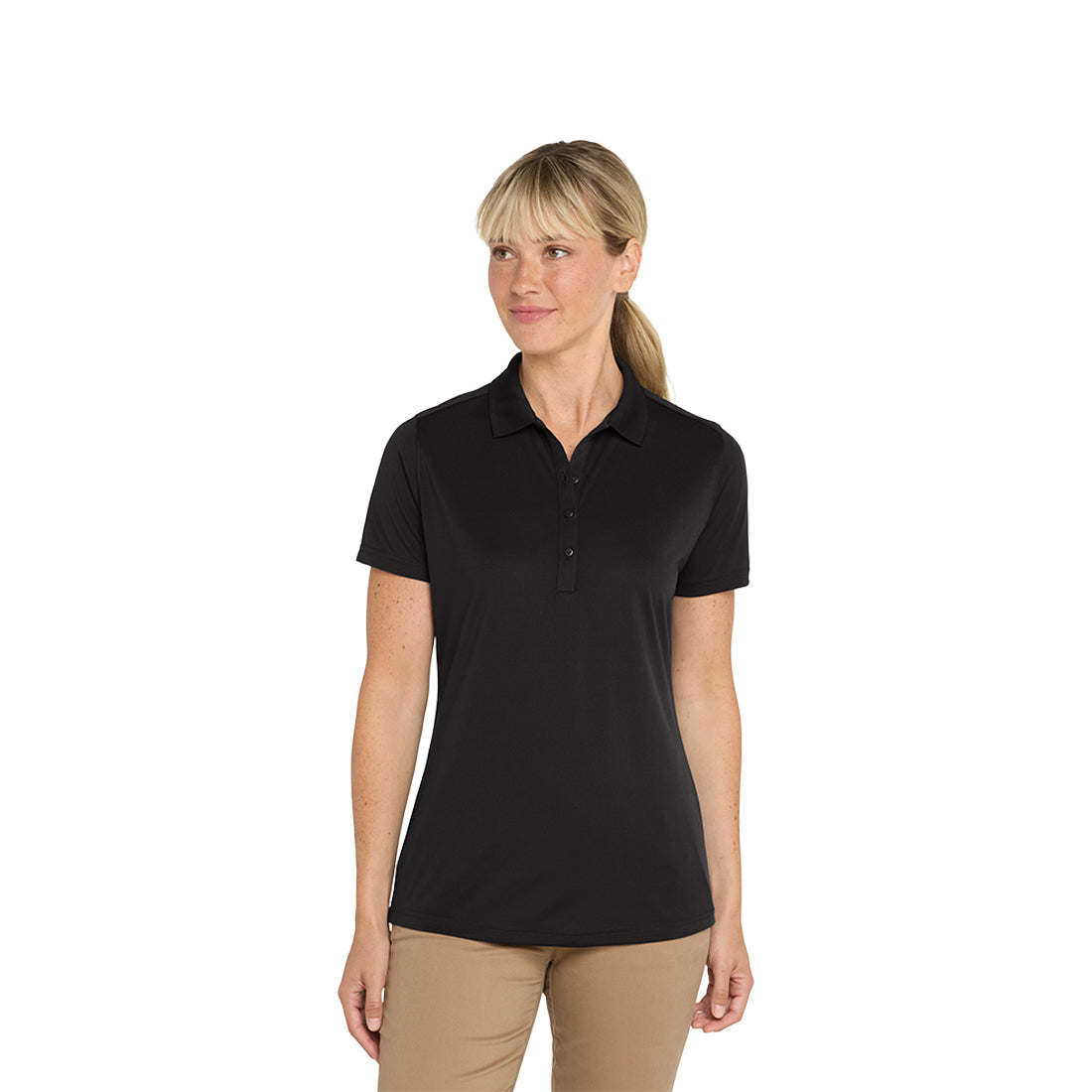 Woman wearing a black polo shirt on a white background