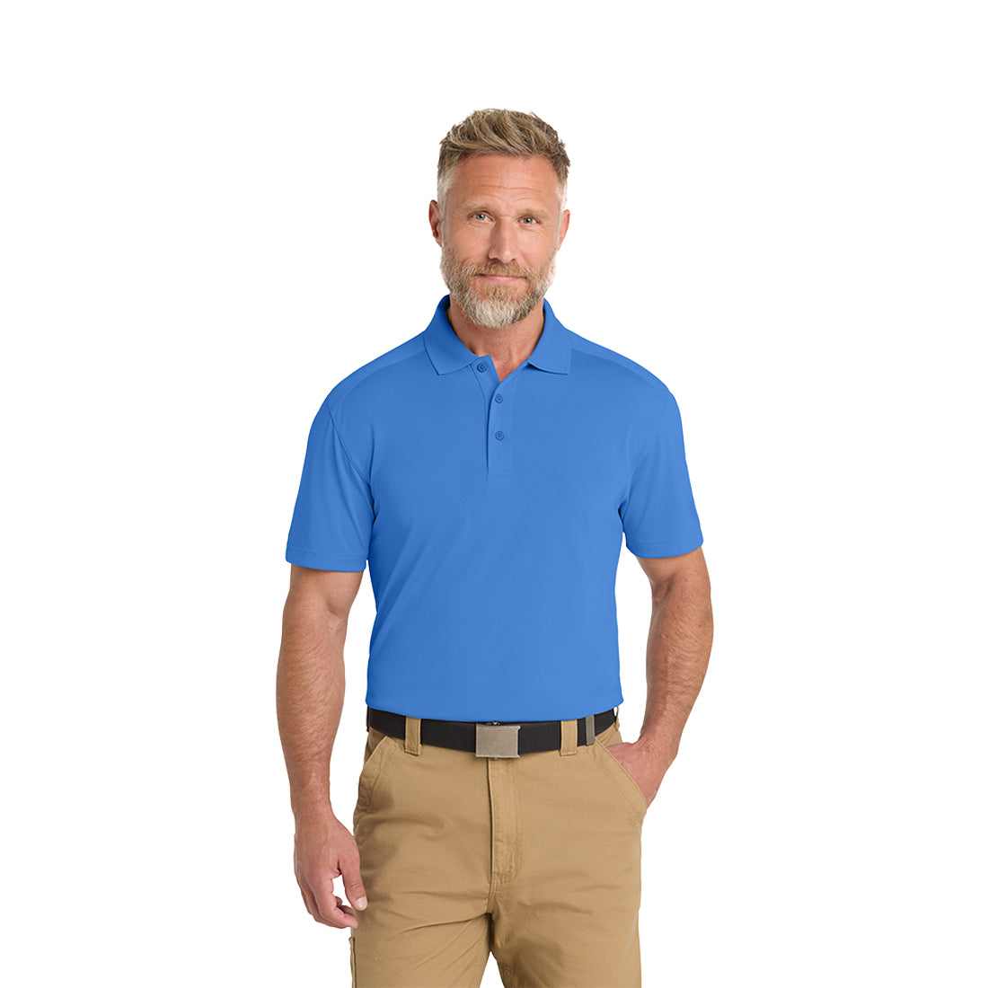 Man wearing a light blue polo shirt and beige pants on a white background