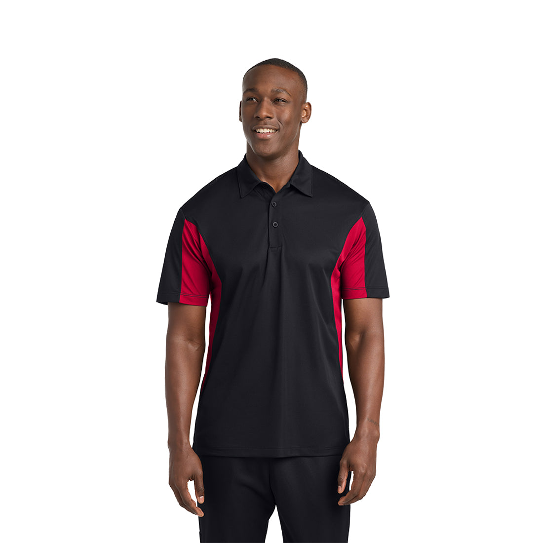 Man wearing a black and red polo shirt on a white background