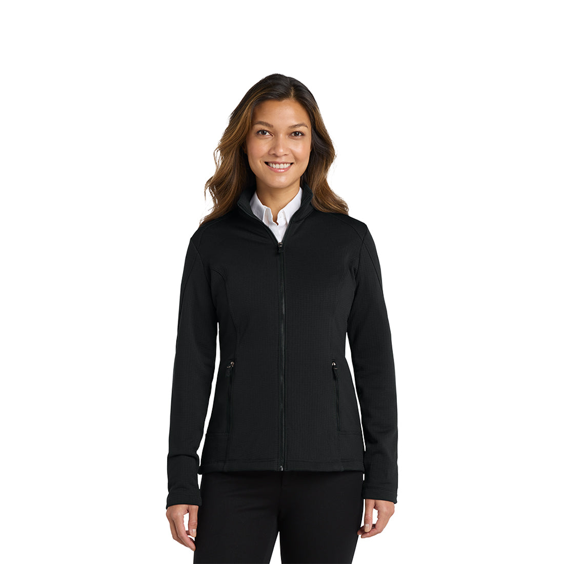 Woman wearing a black zip up jacket with a white background