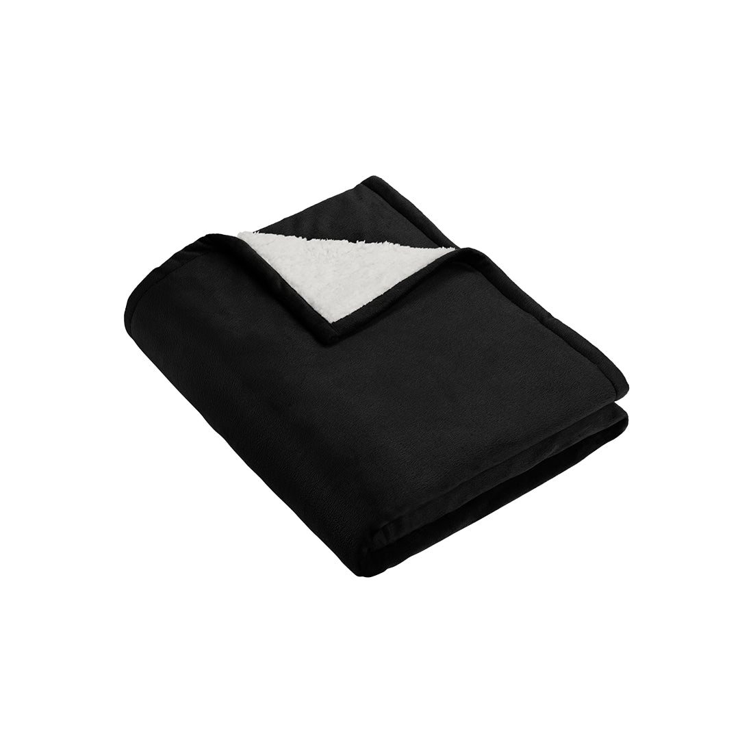 Folded black blanket with white sherpa backing on a white background