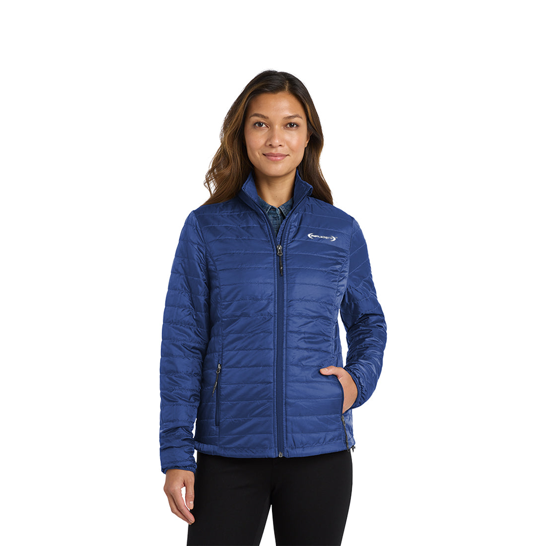 Woman in a cobalt blue puffy jacket with logo on a white background
