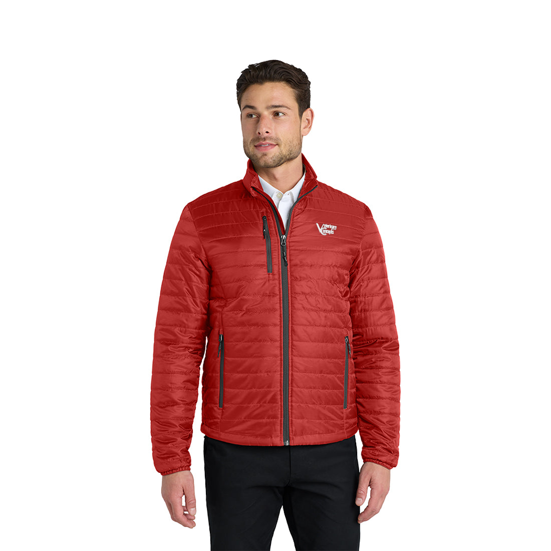 Man wearing a red jacket on a white background