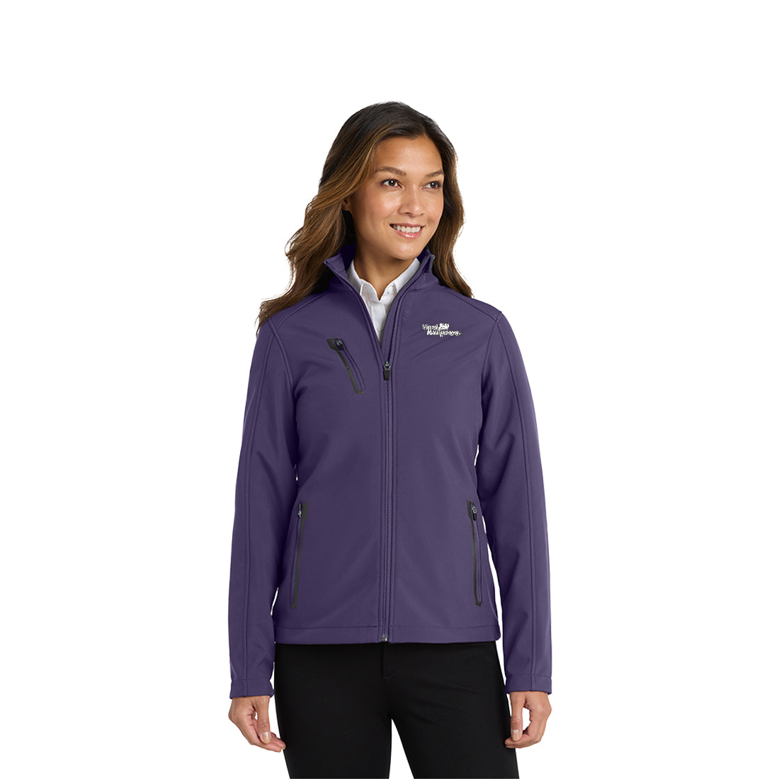 Woman in a purple jacket with a logo on a white background