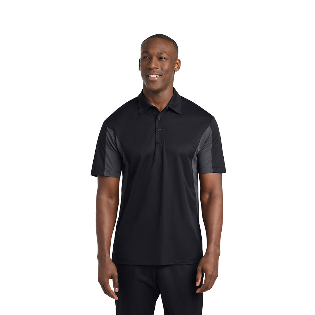 Man wearing a black polo shirt with gray accents on a white background