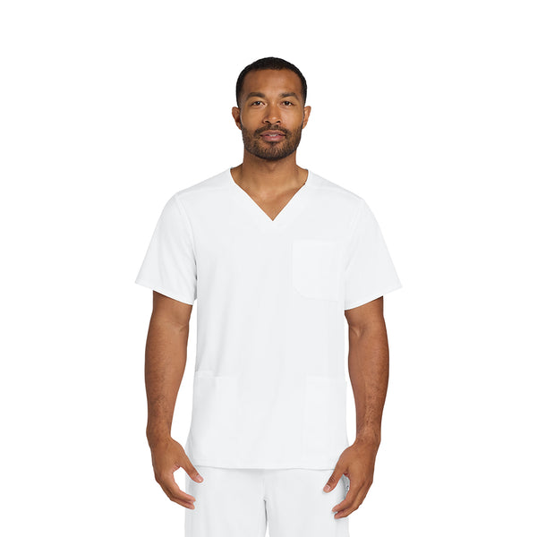 Man wearing a white scrub set on a white background