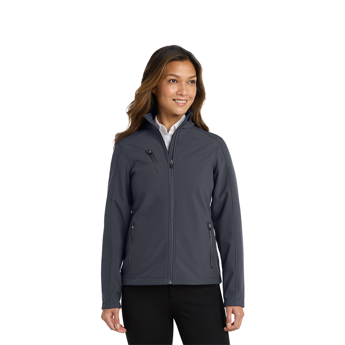 Woman wearing a gray jacket on a white background