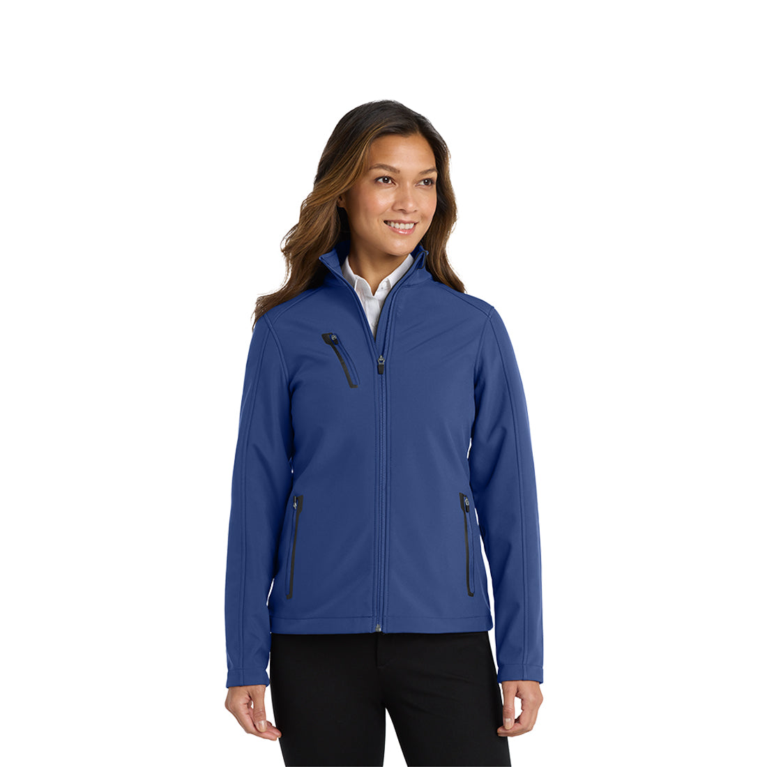Woman in a blue jacket on a white background
